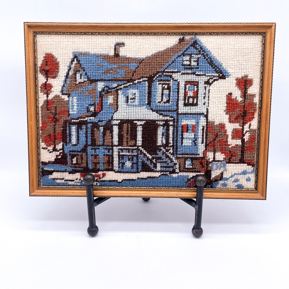 Vintage Framed Needlepoint Blue House